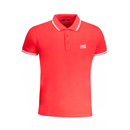 Cavalli Class Red Cotton Polo Shirt with short sleeves, 3 buttons, contrast details, and embroidery logo.