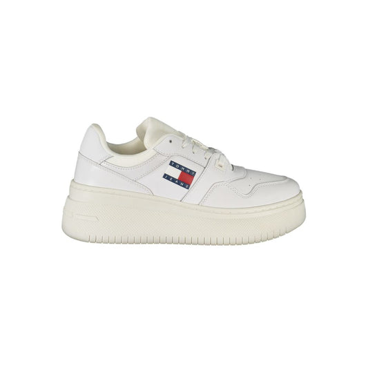 Tommy Hilfiger White Leather Women Sneaker with bold 5cm high sole and iconic printed logo for style and comfort.