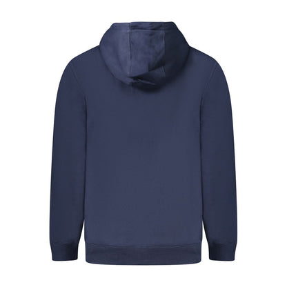 Back view of Tommy Hilfiger Blue Cotton Men Sweater with hood, showcasing the vibrant blue shade and regenerative cotton material.