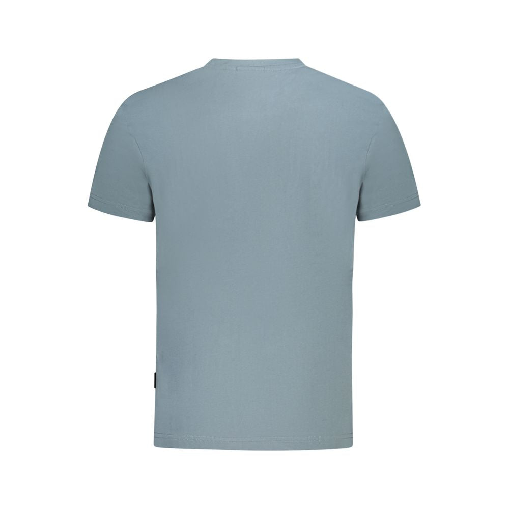Rear view of a plain blue-grey men's T-shirt on a white background