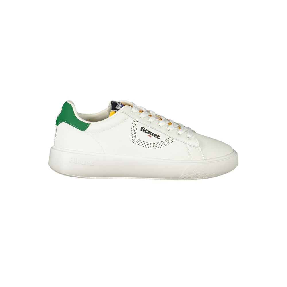 Blauer White Leather Men Sneaker with green accents and bold logo design, ideal for adding a trendy touch to casual outfits.