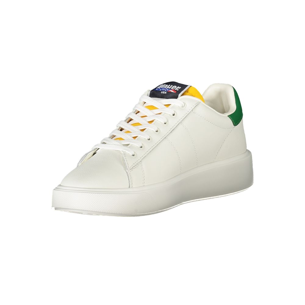 Blauer White Leather Men Sneaker with green accents and dynamic print, featuring lace-up design and signature Blauer logo for trendy street style.