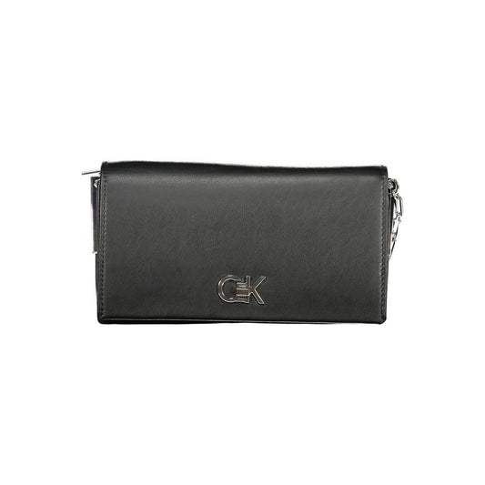 Calvin Klein Black Polyester Handbag with adjustable shoulder strap, two compartments, central and internal pockets, and logo detail.