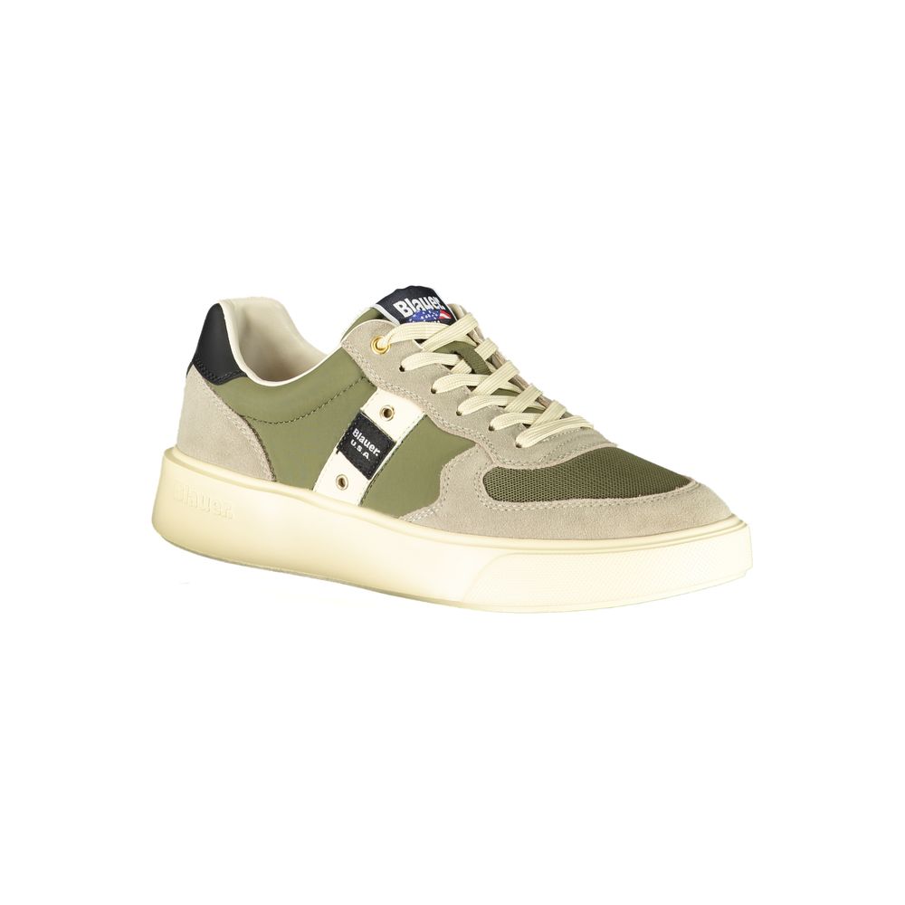 Blauer Green Leather Men Sneaker with beige accents and Blauer logo, highlighting stylish design and comfortable fit on sports shoes.