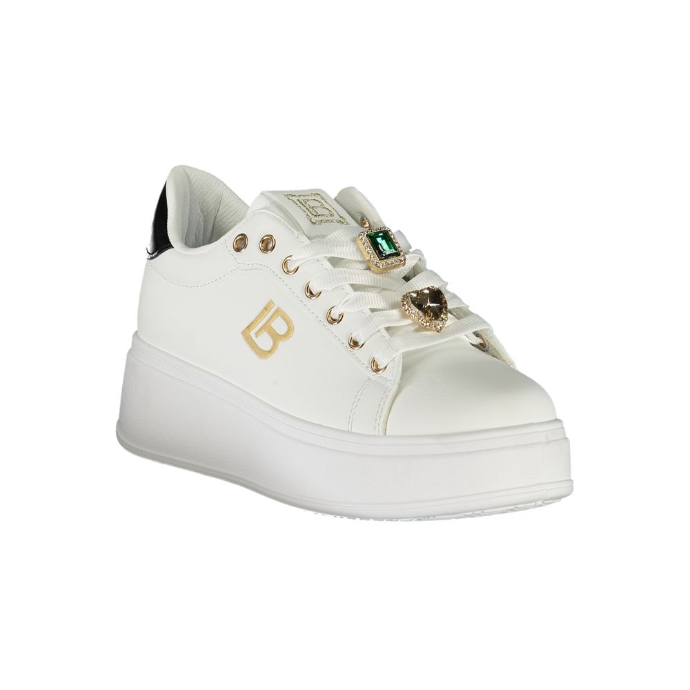 Laura Biagiotti White Synthetic Women Sneaker with rhinestone embellishments and 4 cm wedge for style and comfort.