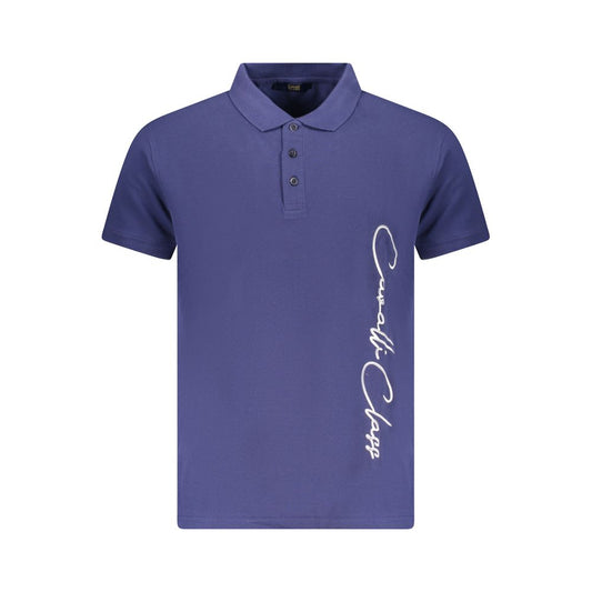 Cavalli Class Blue Cotton Men Polo Shirt with daring print and logo, stylish design features short sleeves and three-button placket.