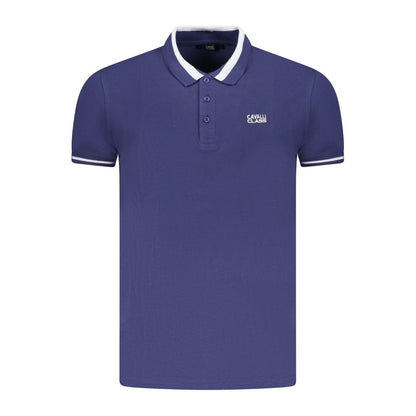 Cavalli Class Blue Cotton Men Polo Shirt with logo and contrasting details, short sleeves, and three-button finish, premium cotton material.
