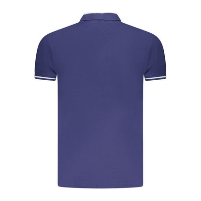 Back view of Cavalli Class Blue Cotton Men Polo Shirt with short sleeves and contrasting details.