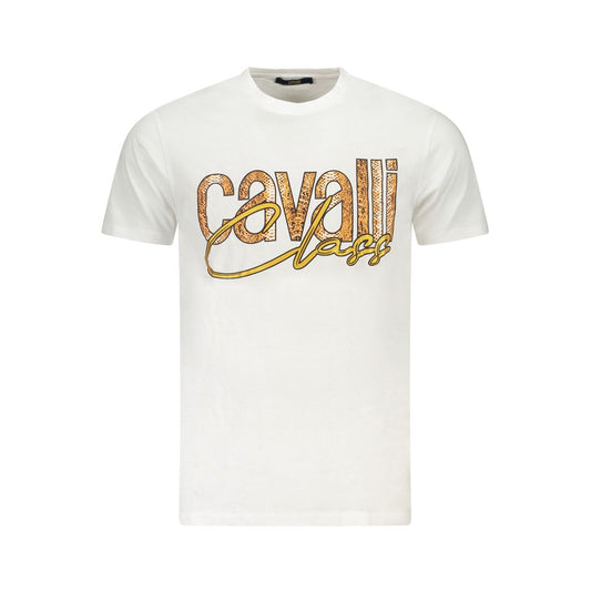 Cavalli Class White Cotton Men T-Shirt with printed logo for sophisticated and bold fashion style.