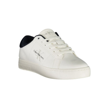 Calvin Klein White Leather Men Sneaker with blue accents, modern design, and recycled rubber sole for sustainable fashion appeal.