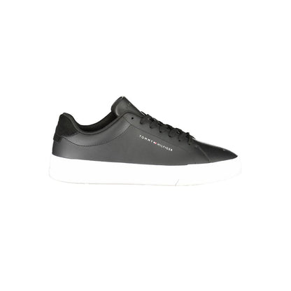 Tommy Hilfiger Black Leather Men Sneaker with contrasting athletic design and removable footbed for comfort, featuring brand logo.