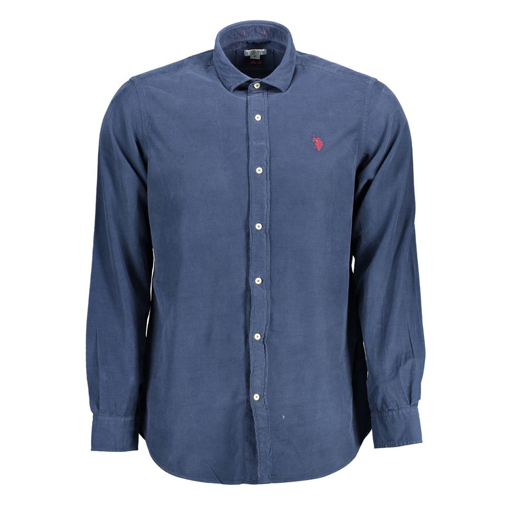 U.S. POLO ASSN. Blue Cotton Men Shirt with long sleeves, French collar, and embroidered logo, displaying classic sophisticated style.