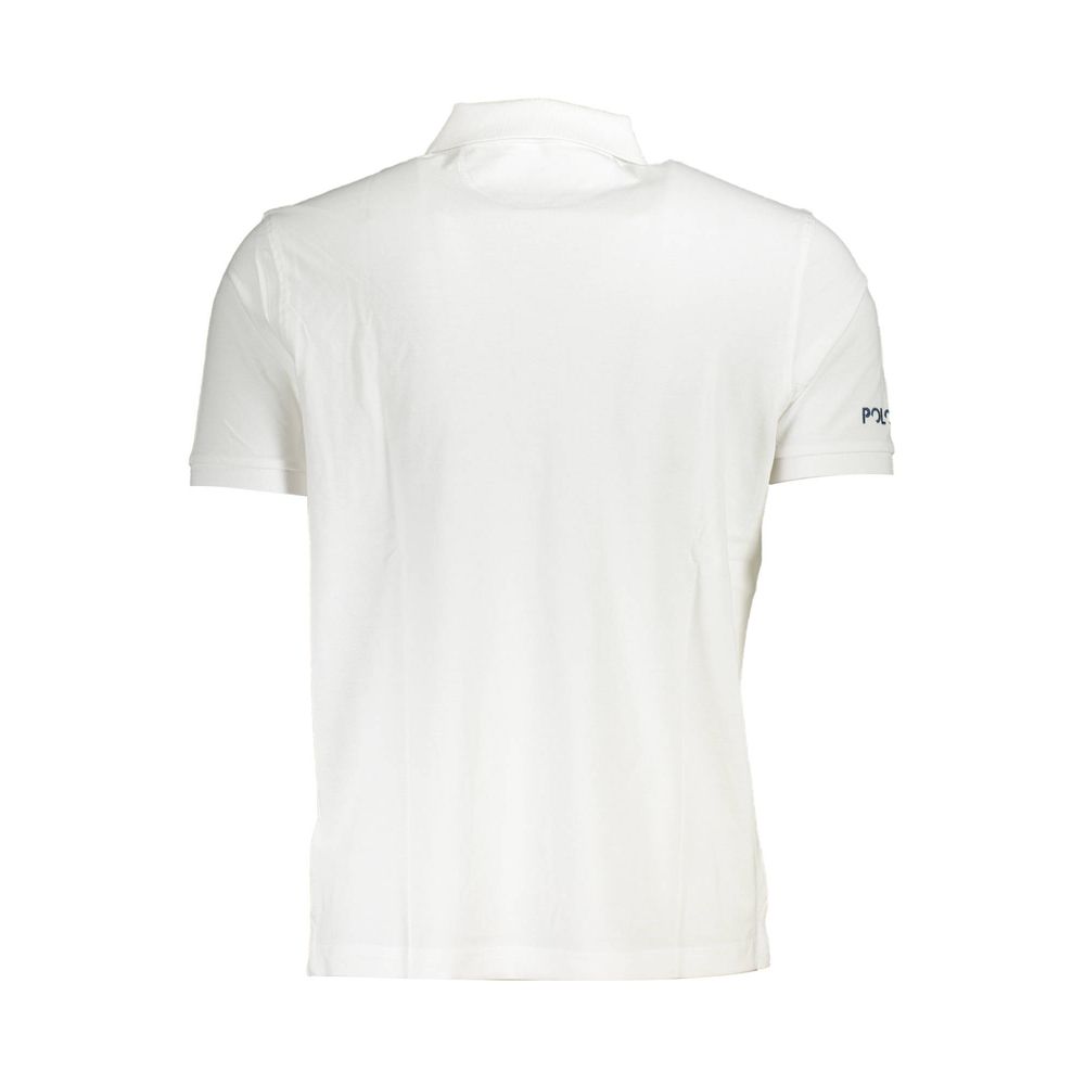 Back view of La Martina White Cotton Men Polo Shirt featuring short sleeves and classic design.