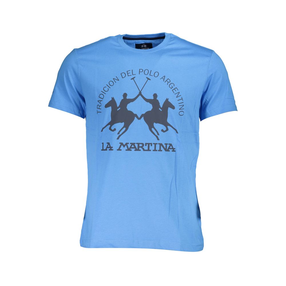 La Martina Blue Cotton Men T-Shirt with crew neck and logo print for casual luxurious style, short sleeve regular fit.