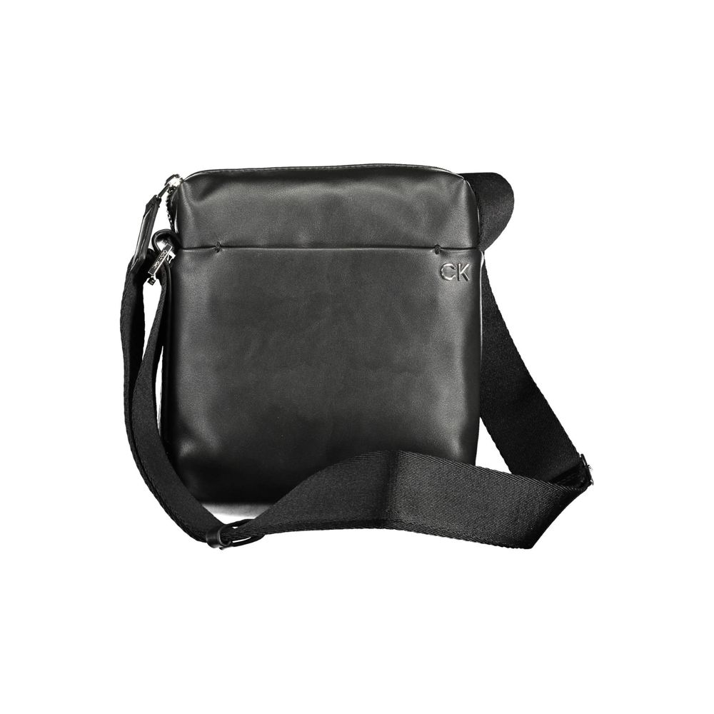 Calvin Klein Black Polyester Men Shoulder Bag with adjustable strap and external pocket, made with recycled materials, sleek black design.