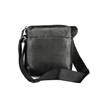 Calvin Klein Black Polyester Men Shoulder Bag with adjustable strap and external pocket, made with recycled materials, sleek black design.