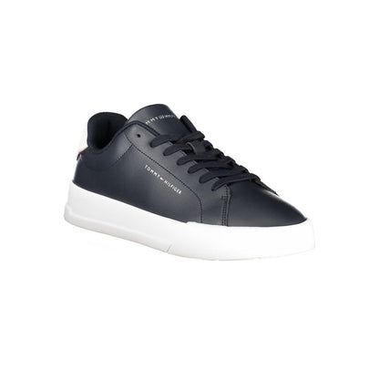 Tommy Hilfiger Blue Leather Men Sneaker with white accents and lace-up design, showcasing sporty sophistication and iconic branding.