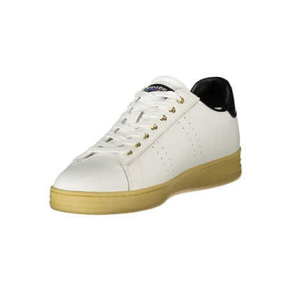 Blauer White Leather Men Sneaker with contrasting black details and gold eyelets, featuring a bold Blauer logo for urban style