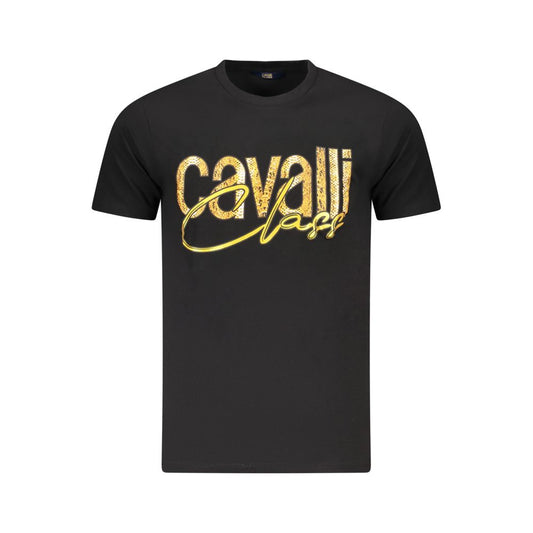 Cavalli Class Black Cotton Men T-Shirt with bold logo print, short sleeves, and crew neck. Stylish design for fashion-forward individuals.