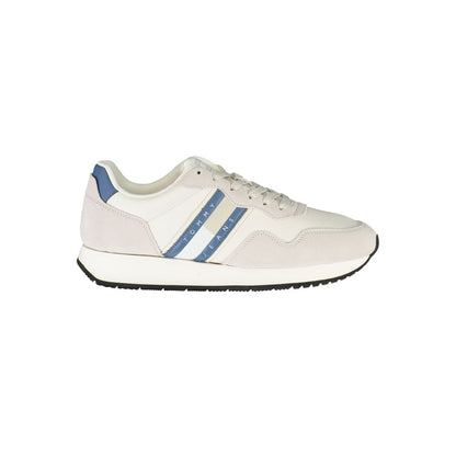 Tommy Hilfiger White Leather Men Sneaker with blue details and removable insole, stylish and comfortable for casual wear.