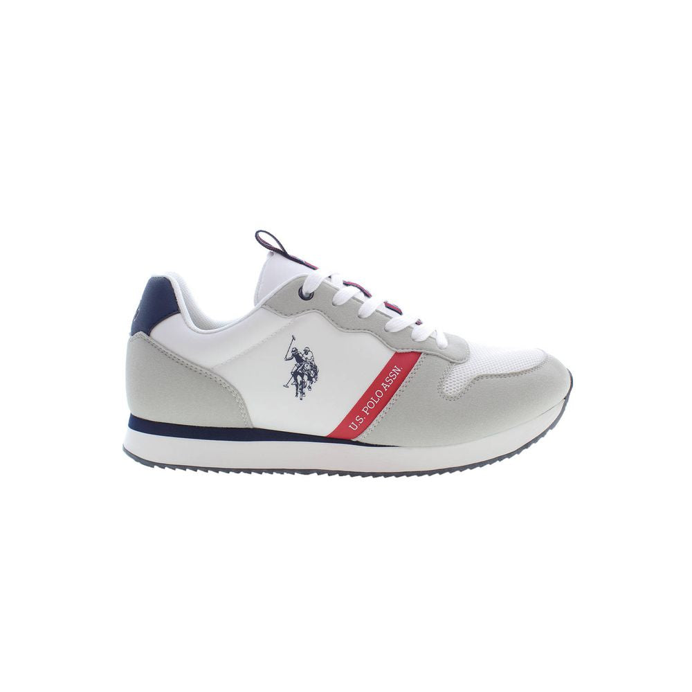 U.S. POLO ASSN. White Polyester Men Sneaker with logo and bold accents, showcasing sleek design and comfort in modern sportswear style.