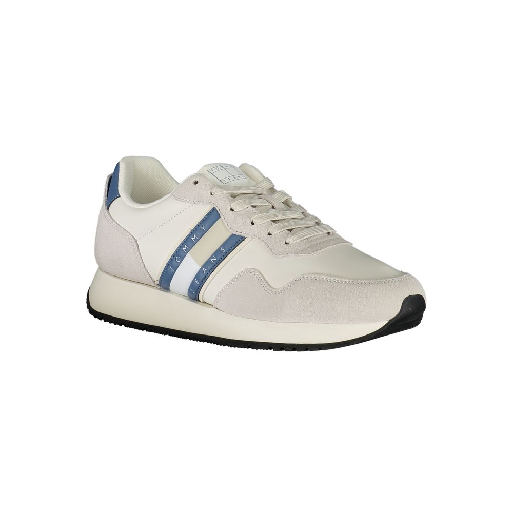 Tommy Hilfiger White Leather Men Sneaker with blue accents, stylish design and removable insole, perfect for trendy casual looks.