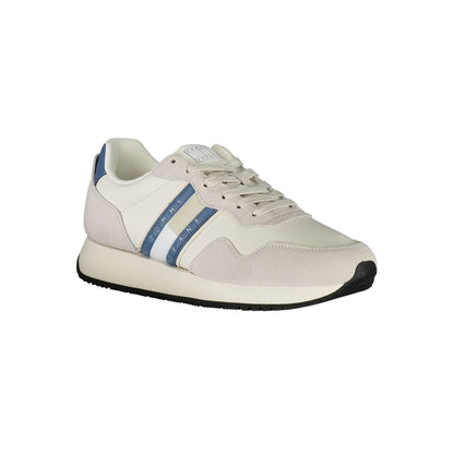 Tommy Hilfiger White Leather Men Sneaker with blue accents, stylish design and removable insole, perfect for trendy casual looks.