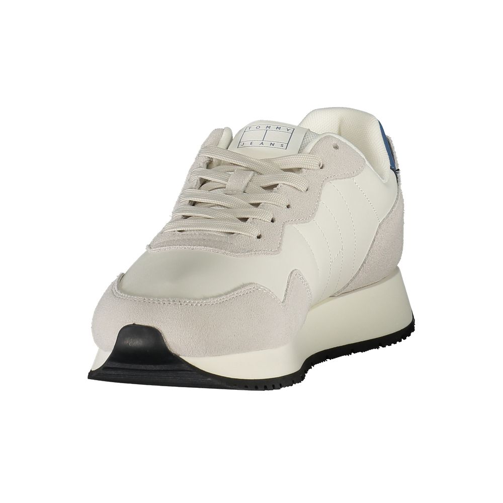 Tommy Hilfiger White Leather Men Sneaker with blue accents and removable insole, perfect for casual style and comfort.