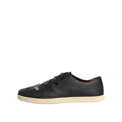 Dolce & Gabbana Black Leather Bee Crown Low Top Sneakers Shoes