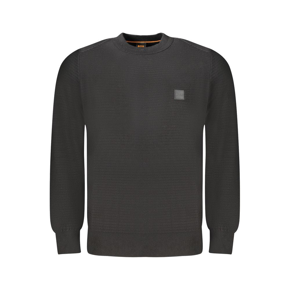 Hugo Boss Black Cotton Men Sweater with long sleeves and crew neck, featuring a logo accent, crafted from cotton and cashmere blend.