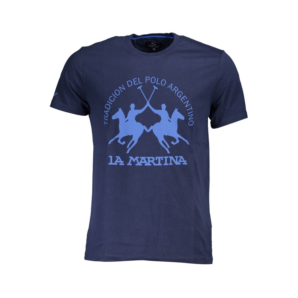 La Martina Blue Cotton Men T-Shirt with iconic logo and print, showcasing stylish design with crew neck and short sleeves.