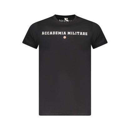 Accademia Militare Black Cotton T-Shirt with short sleeves, crew neck, logo print, and contrast design