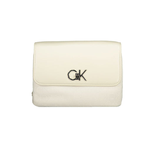 Calvin Klein Beige Polyester Handbag with logo, chain handle, adjustable removable strap, and internal card pocket