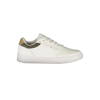 Tommy Hilfiger White Leather Men Sneaker with green and beige accents, featuring a removable insole and iconic brand logo.