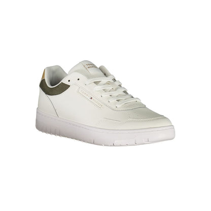 Tommy Hilfiger White Leather Men Sneaker with green and beige accents, featuring removable insole and brand logo. Fashionable and comfortable footwear.
