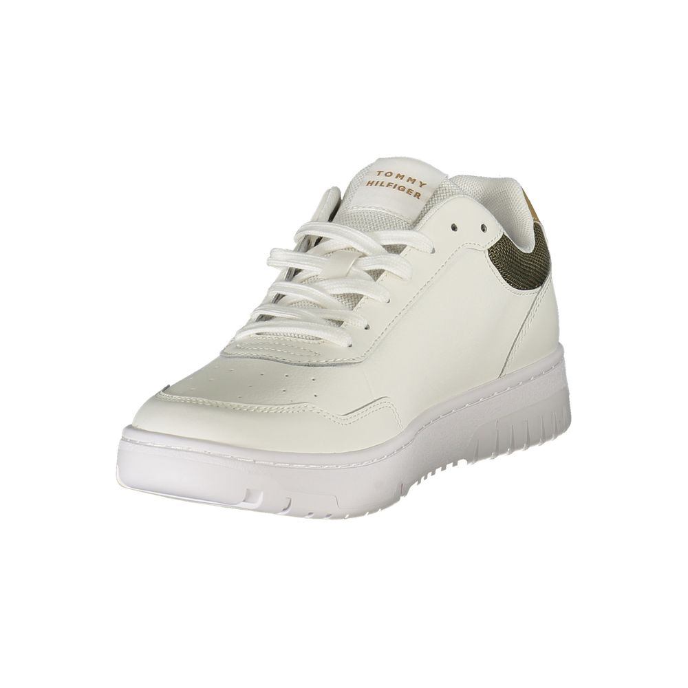 Tommy Hilfiger White Leather Men Sneaker with green and beige accents, featuring a removable insole and iconic Tommy logo for style and comfort.