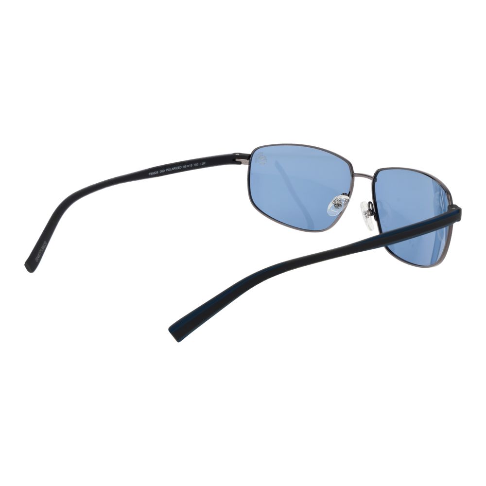 Timberland Gray Men Sunglass with gunmetal full-rim frame, polarized grey lenses, 100% UVA & UVB protection, and branded case.