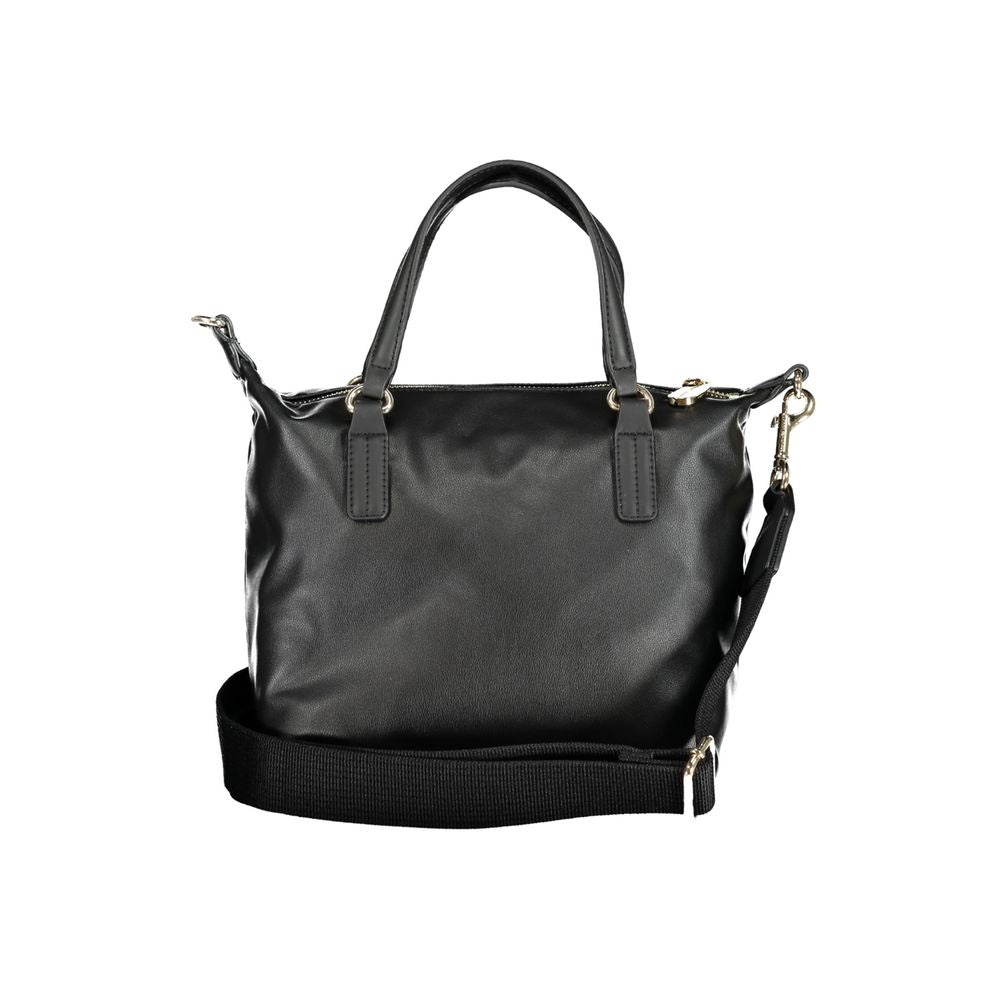 Tommy Hilfiger Black Polyester Handbag with two handles, adjustable shoulder strap, internal pocket, and zip closure