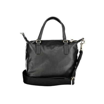 Tommy Hilfiger Black Polyester Handbag with two handles, adjustable shoulder strap, internal pocket, and zip closure