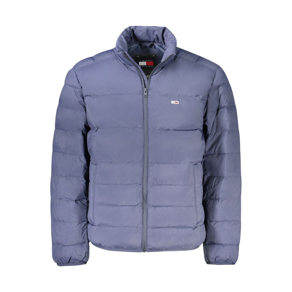 Tommy Hilfiger Blue Polyamide Men Jacket with long sleeves, zip closure, iconic logo, and multiple pockets for functionality.