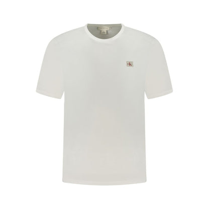 Calvin Klein White Cotton Men T-Shirt with logo appliqué, offering comfort and style in a crisp white design, perfect for any occasion.