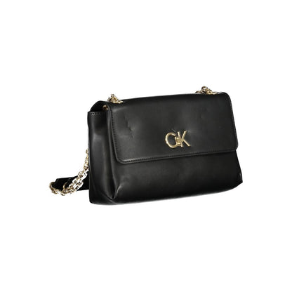 Calvin Klein Black Polyester Handbag with chain shoulder handles, external pocket, logo detail, and swivel closure.