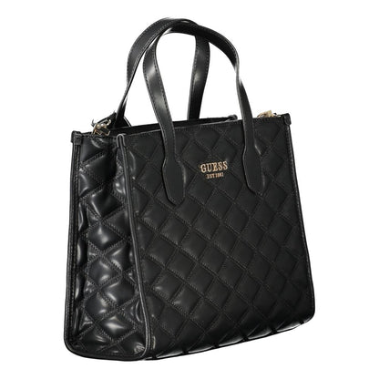 Guess Jeans Black Polyethylene Handbag with adjustable strap, diamond pattern, logo, and protective feet.