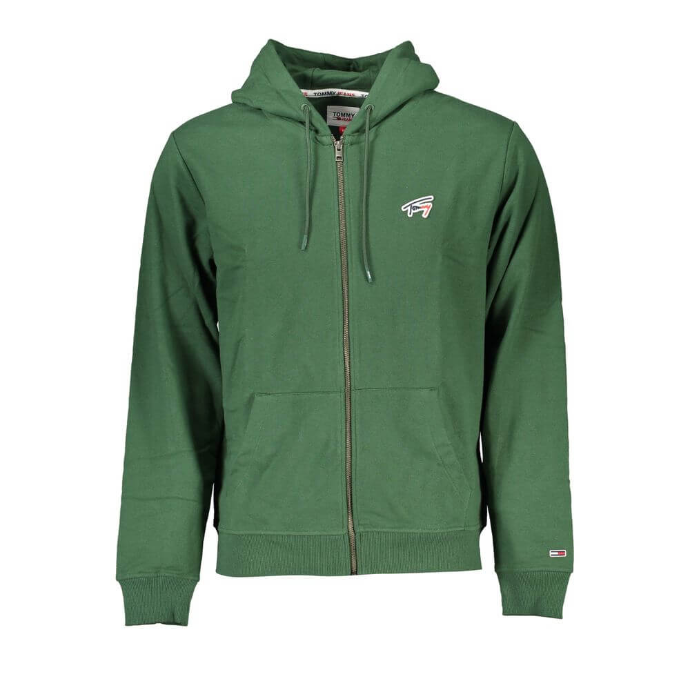 Tommy Hilfiger Green Cotton Men Sweater with Hood showcasing eco-friendly design and iconic logo.