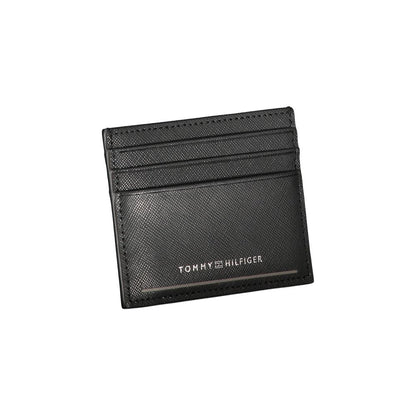 Tommy Hilfiger Black Leather Wallet with card holder, central pocket, contrast details, and logo.