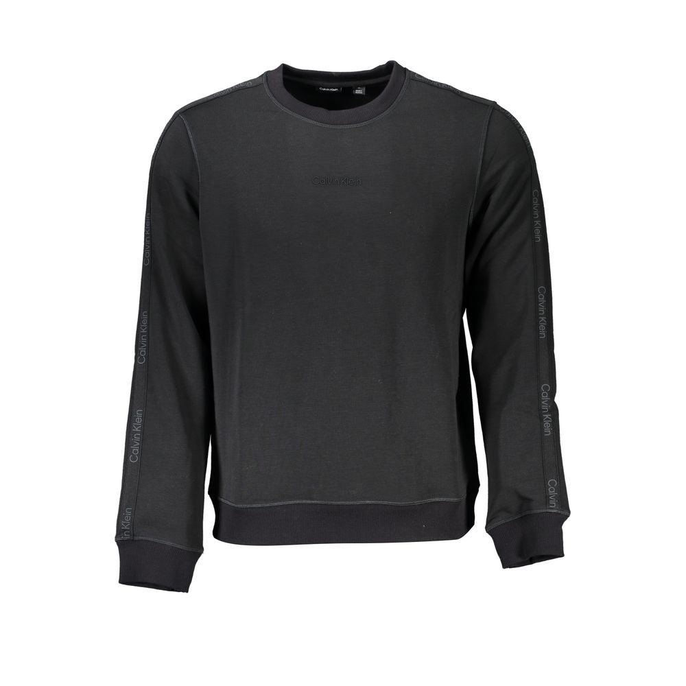 Calvin Klein Black Polyester Men Sweater with long sleeves and distinct logo print, epitome of urban sophistication and athletic chic fashion.