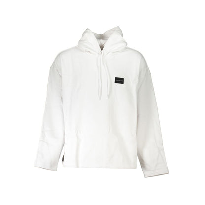 Calvin Klein White Cotton Men Sweater featuring a sleek design, eco-friendly 100% recycled cotton, with CK logo and central pocket.