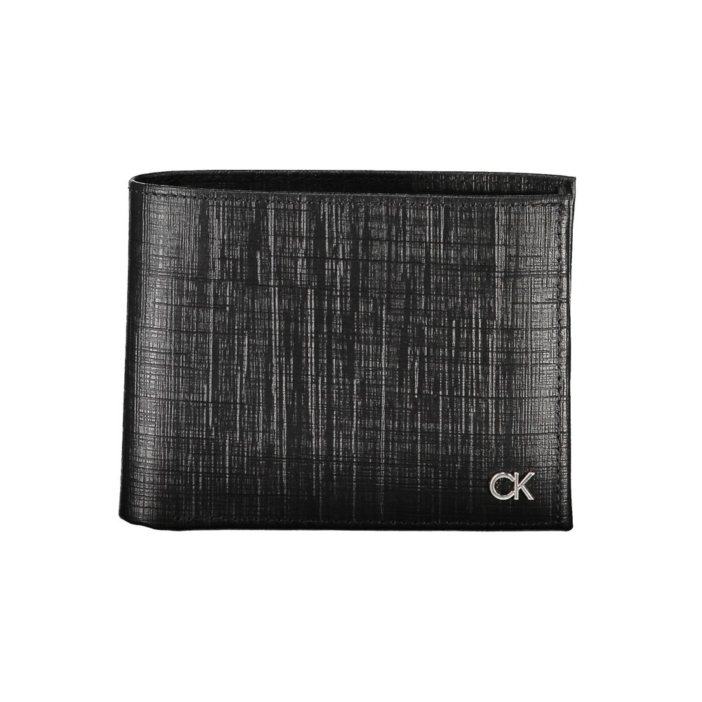 Calvin Klein Black Leather Wallet with logo, RFID blocking, card spaces, and coin purse.