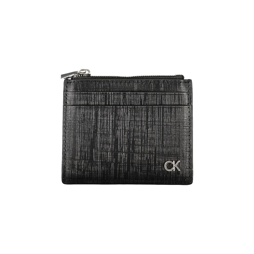 Calvin Klein Black Leather Wallet with card holder, central pocket, and zip closure, featuring iconic logo design.