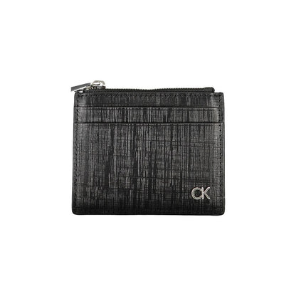 Calvin Klein Black Leather Wallet with card holder, central pocket, and zip closure, featuring iconic logo design.